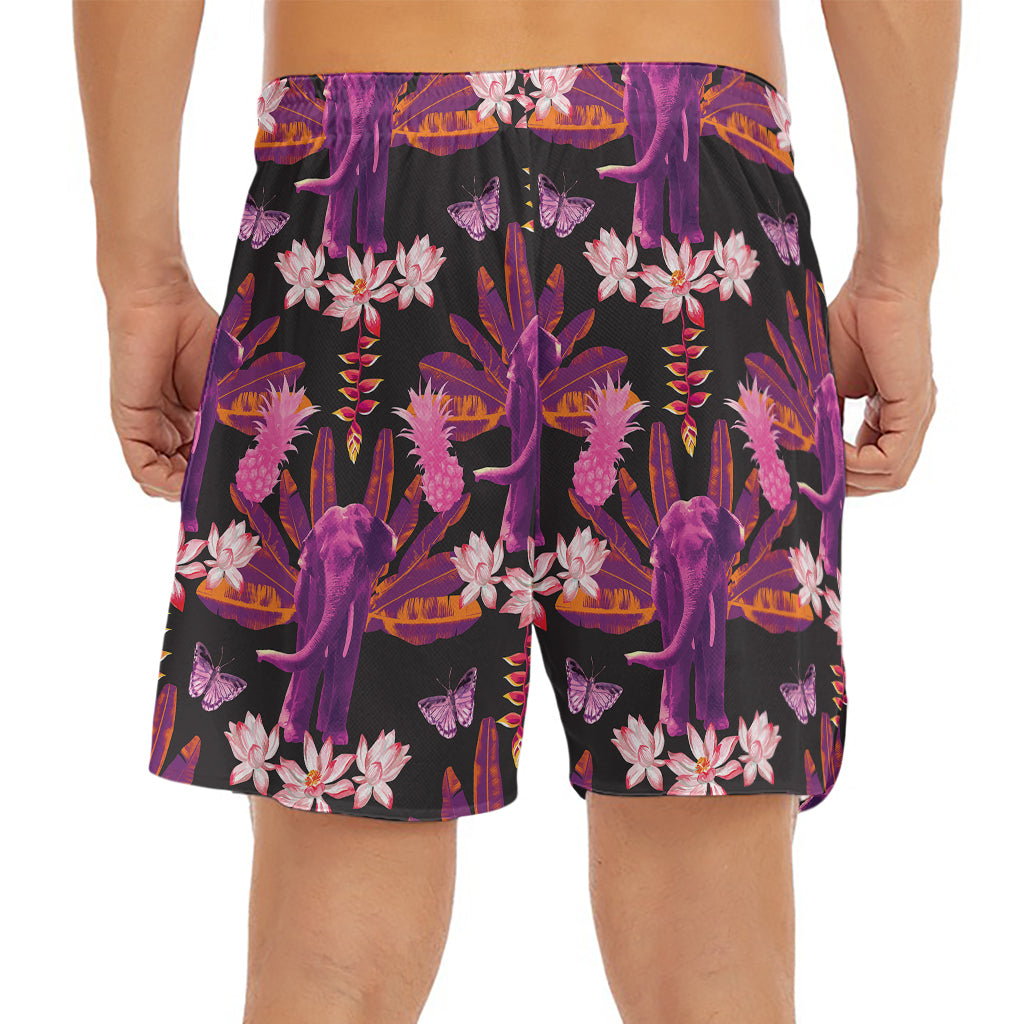 Purple Tropical Elephant Pattern Print Men's Split Running Shorts
