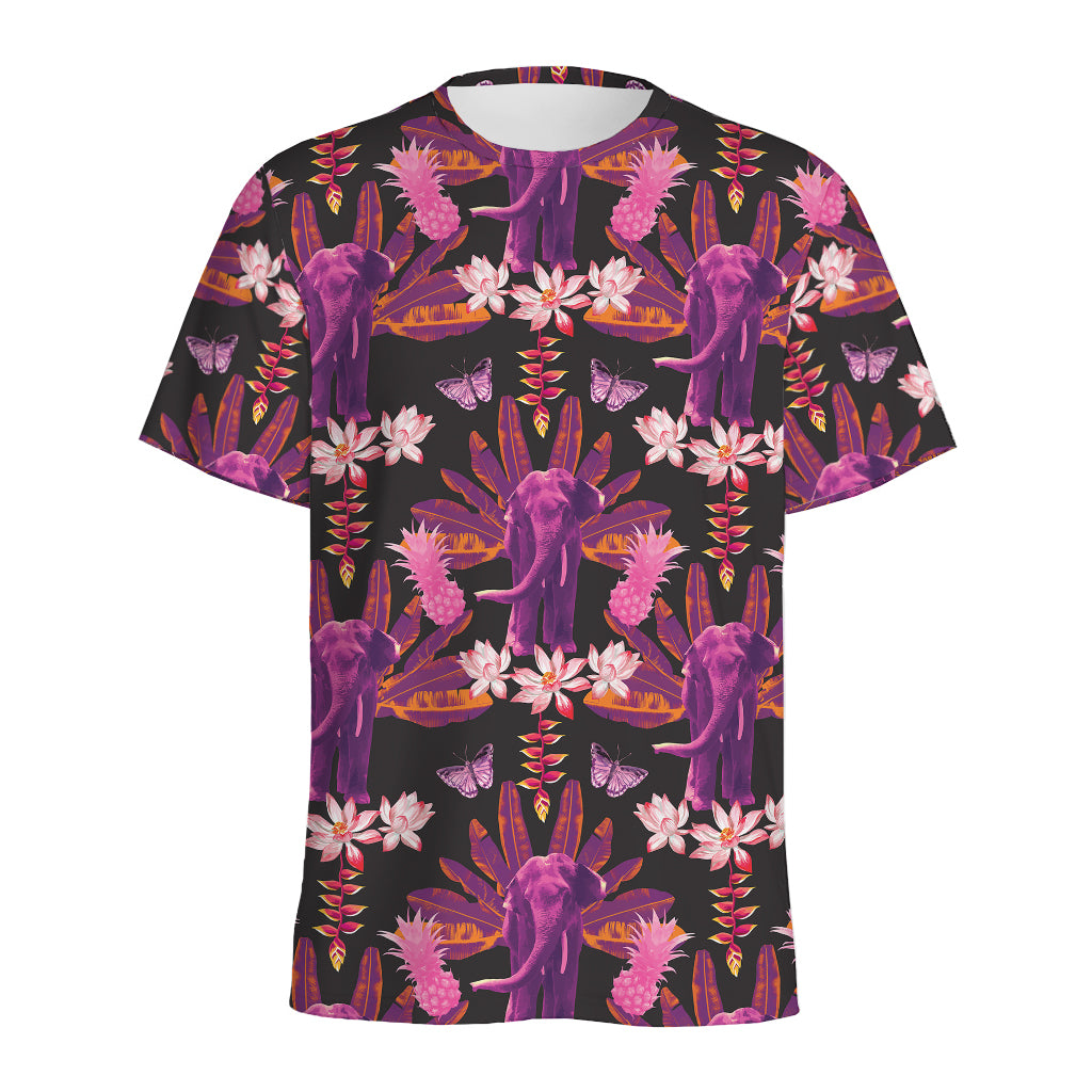 Purple Tropical Elephant Pattern Print Men's Sports T-Shirt