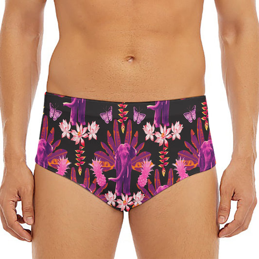 Purple Tropical Elephant Pattern Print Men's Triangle Swim Briefs