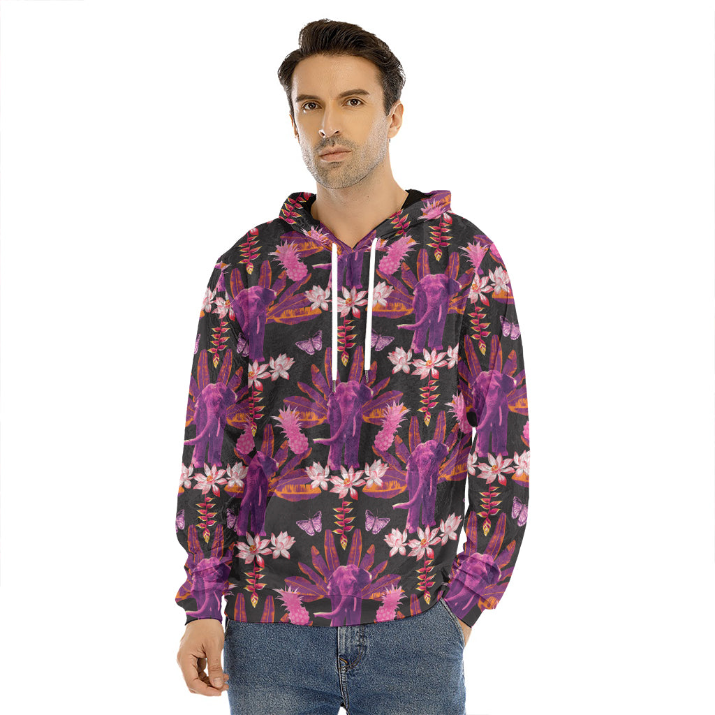 Purple Tropical Elephant Pattern Print Men's Velvet Pullover Hoodie