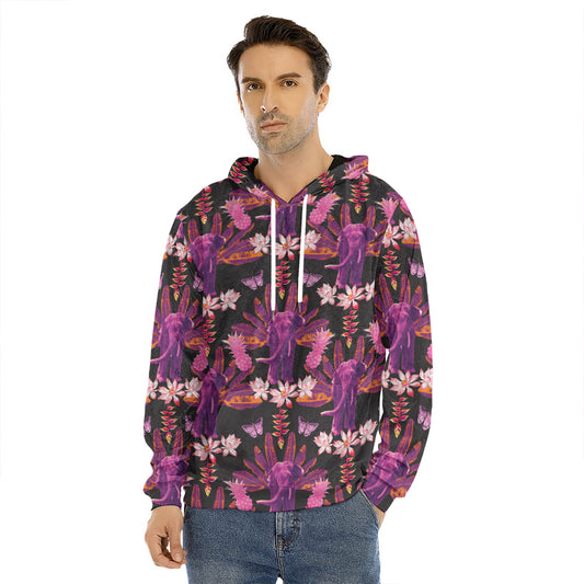 Purple Tropical Elephant Pattern Print Men's Velvet Pullover Hoodie