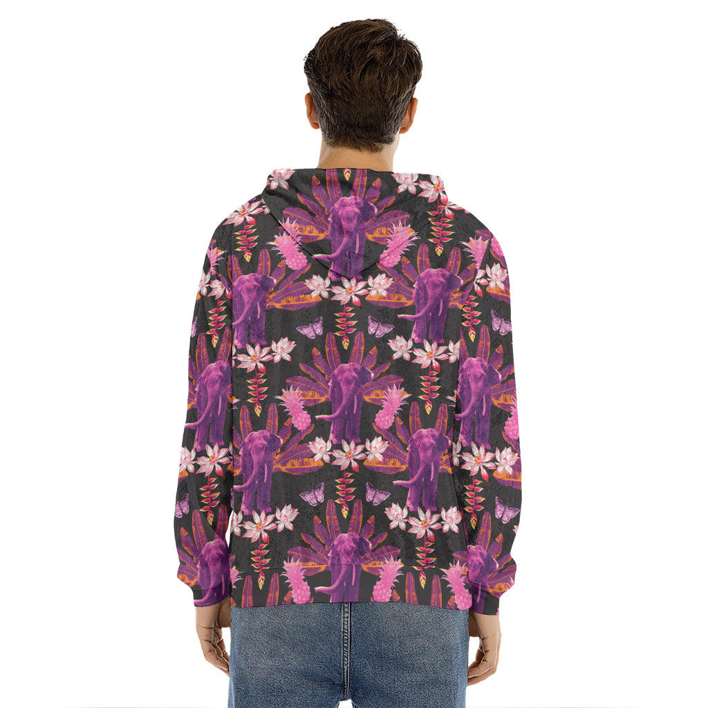 Purple Tropical Elephant Pattern Print Men's Velvet Pullover Hoodie
