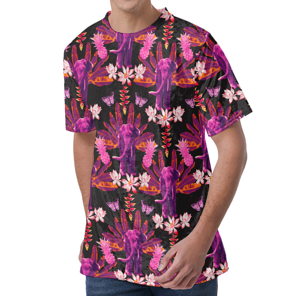 Purple Tropical Elephant Pattern Print Men's Velvet T-Shirt