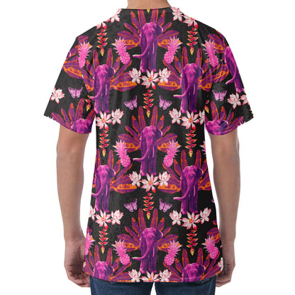 Purple Tropical Elephant Pattern Print Men's Velvet T-Shirt