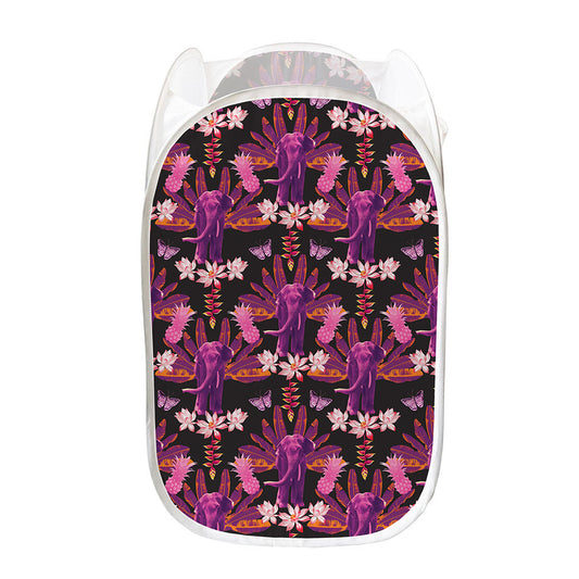 Purple Tropical Elephant Pattern Print Mesh Laundry Hamper