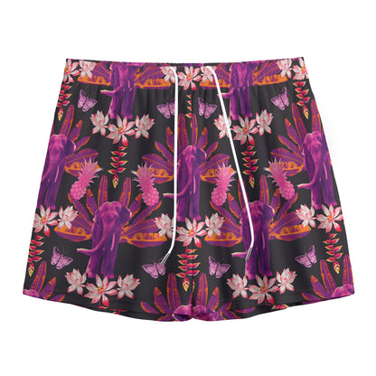 Purple Tropical Elephant Pattern Print Mesh Shorts