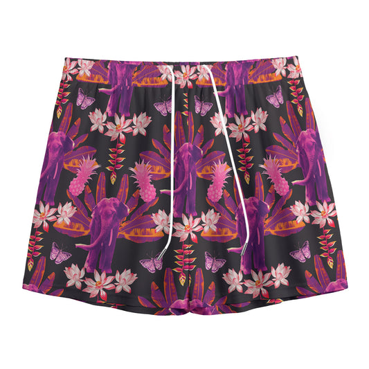 Purple Tropical Elephant Pattern Print Mesh Shorts