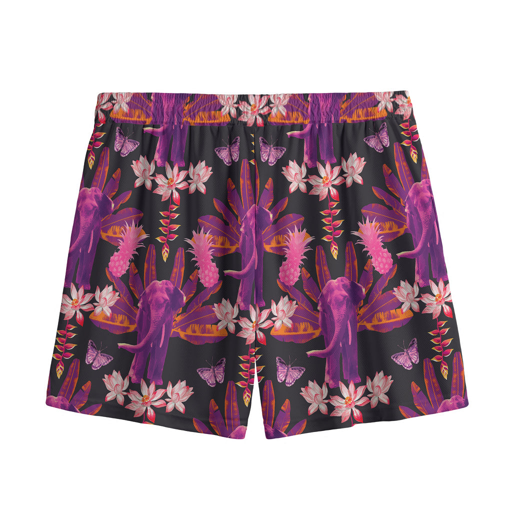 Purple Tropical Elephant Pattern Print Mesh Shorts