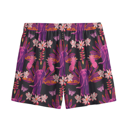 Purple Tropical Elephant Pattern Print Mesh Shorts