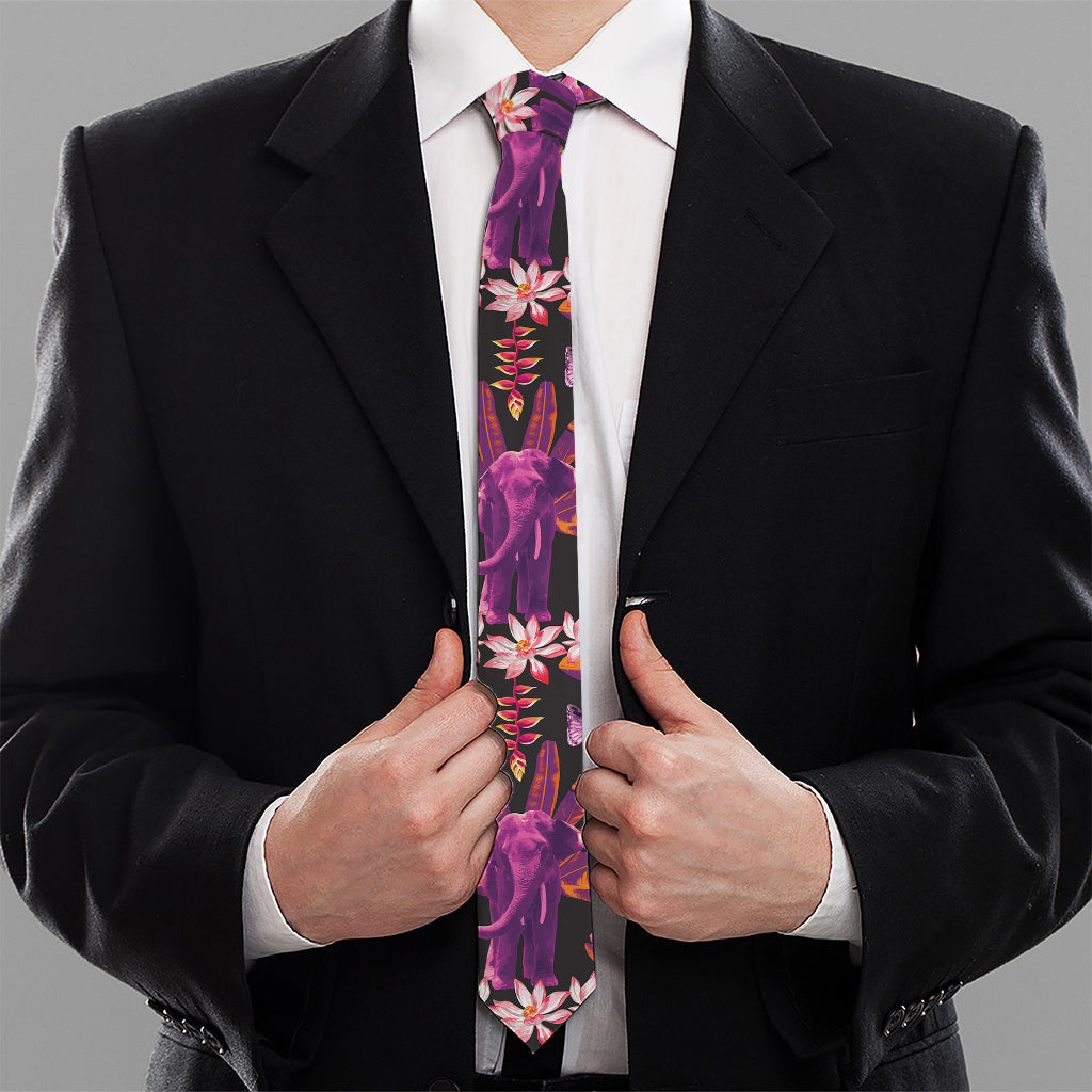 Purple Tropical Elephant Pattern Print Necktie