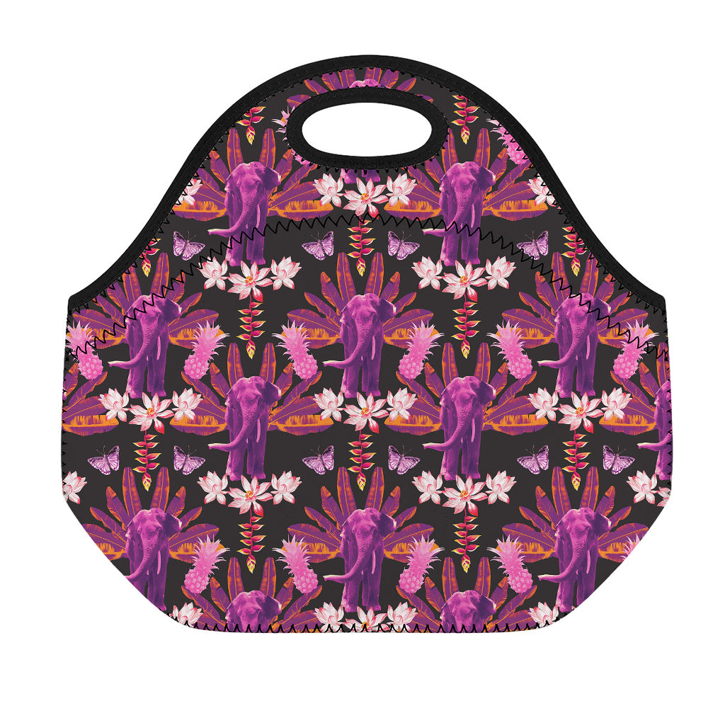 Purple Tropical Elephant Pattern Print Neoprene Lunch Bag