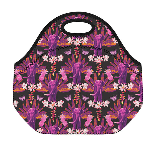 Purple Tropical Elephant Pattern Print Neoprene Lunch Bag