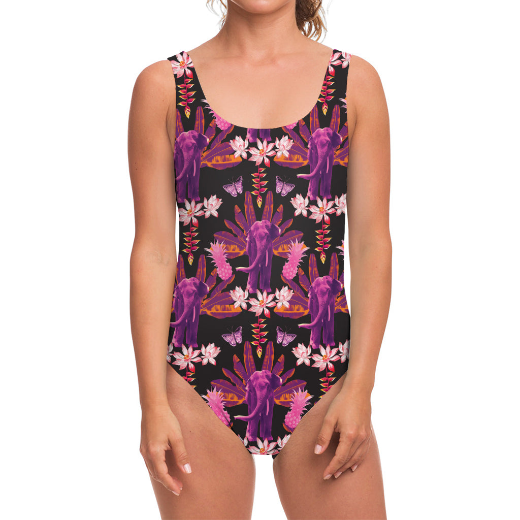 Purple Tropical Elephant Pattern Print One Piece Swimsuit