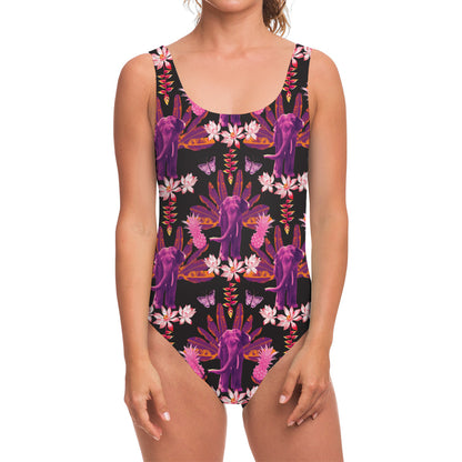 Purple Tropical Elephant Pattern Print One Piece Swimsuit