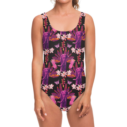 Purple Tropical Elephant Pattern Print One Piece Swimsuit