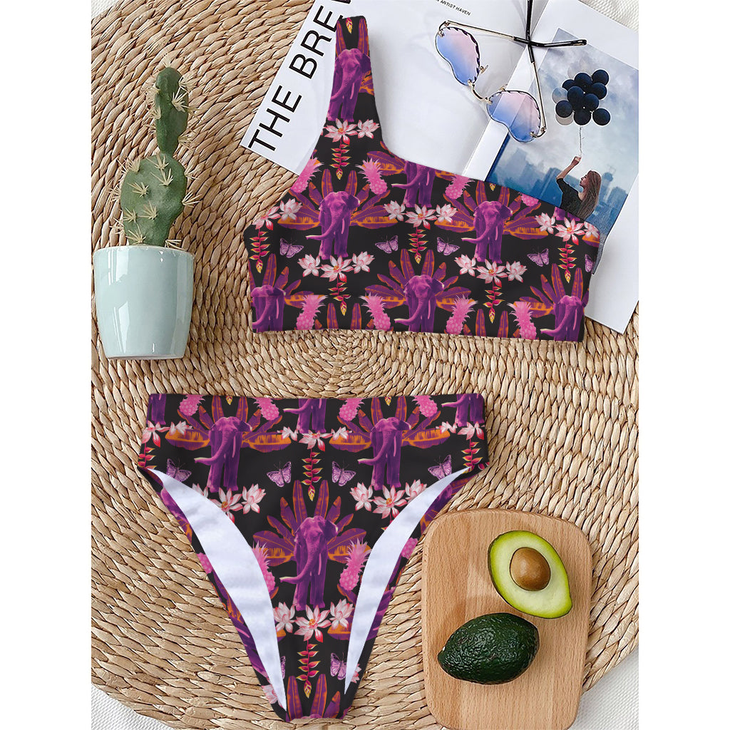 Purple Tropical Elephant Pattern Print One Shoulder Bikini Top