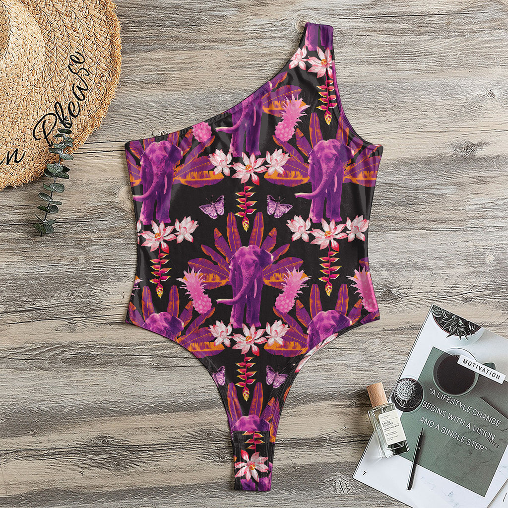 Purple Tropical Elephant Pattern Print One Shoulder Bodysuit
