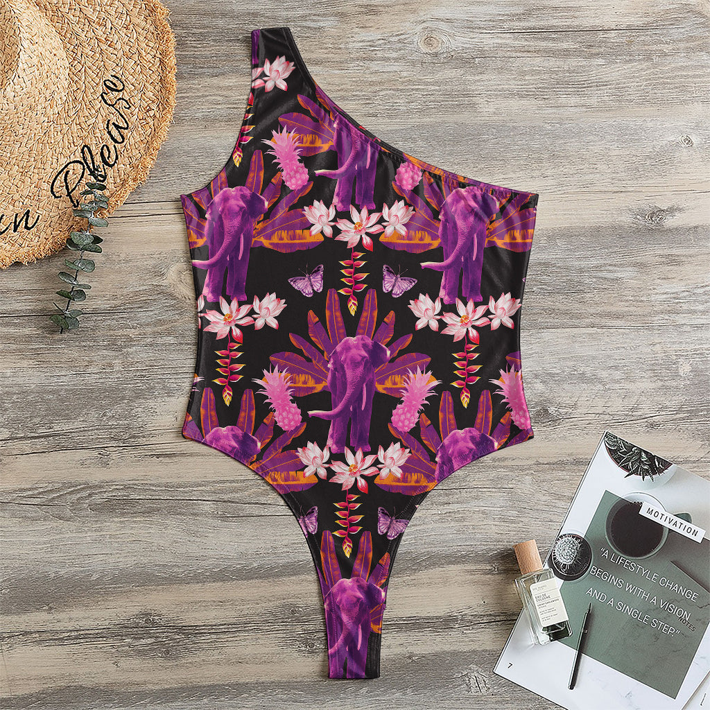 Purple Tropical Elephant Pattern Print One Shoulder Bodysuit