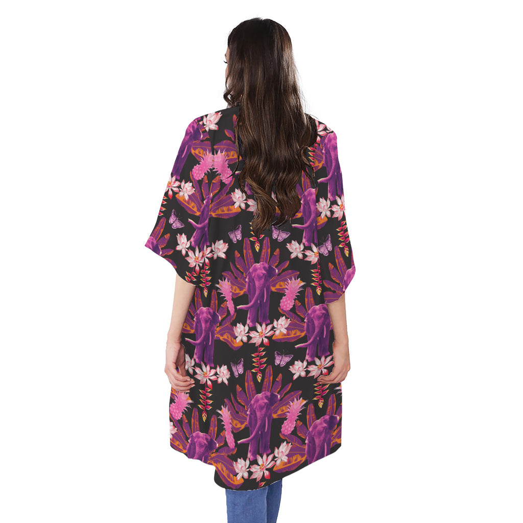 Purple Tropical Elephant Pattern Print Open Front Beach Cover Up