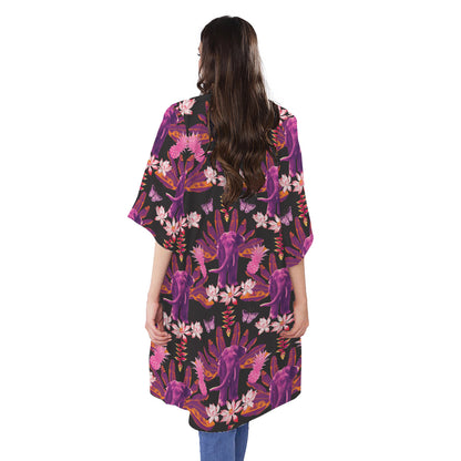 Purple Tropical Elephant Pattern Print Open Front Beach Cover Up