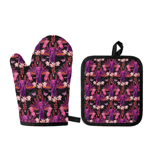 Purple Tropical Elephant Pattern Print Oven Mitt And Pot Holder Set