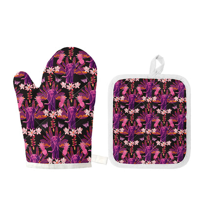 Purple Tropical Elephant Pattern Print Oven Mitt And Pot Holder Set