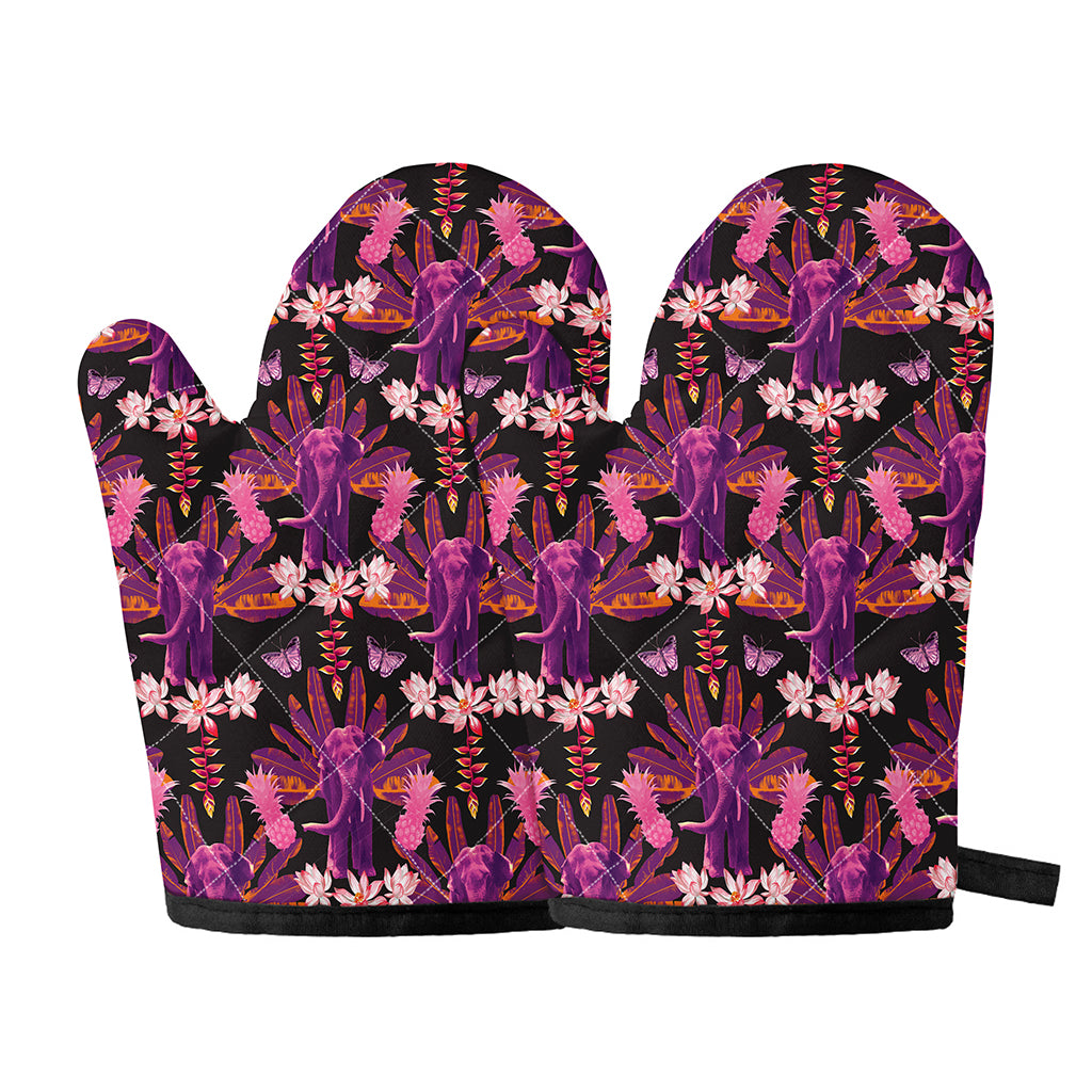 Purple Tropical Elephant Pattern Print Oven Mitts