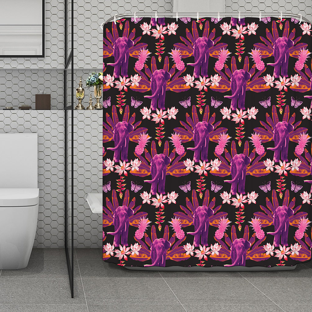 Purple Tropical Elephant Pattern Print Polyester Shower Curtain