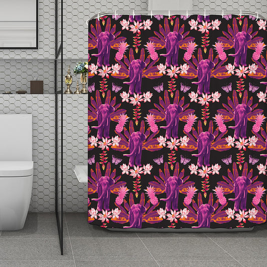 Purple Tropical Elephant Pattern Print Polyester Shower Curtain