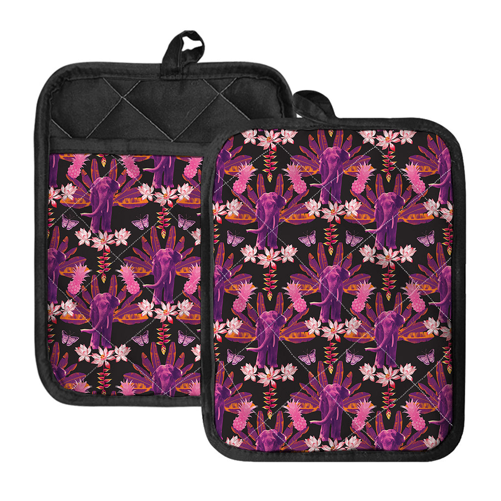 Purple Tropical Elephant Pattern Print Pot Holders With Pocket