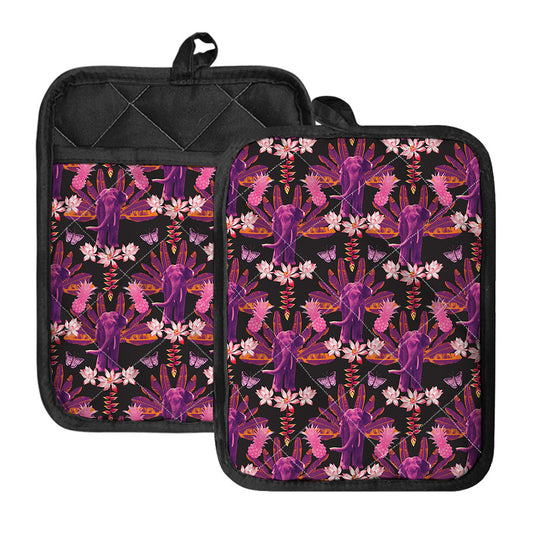 Purple Tropical Elephant Pattern Print Pot Holders With Pocket