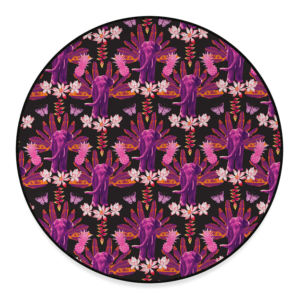 Purple Tropical Elephant Pattern Print Round Floor Mat