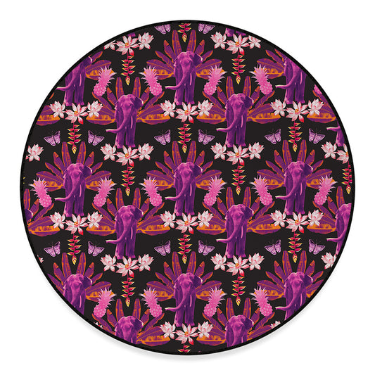 Purple Tropical Elephant Pattern Print Round Floor Mat