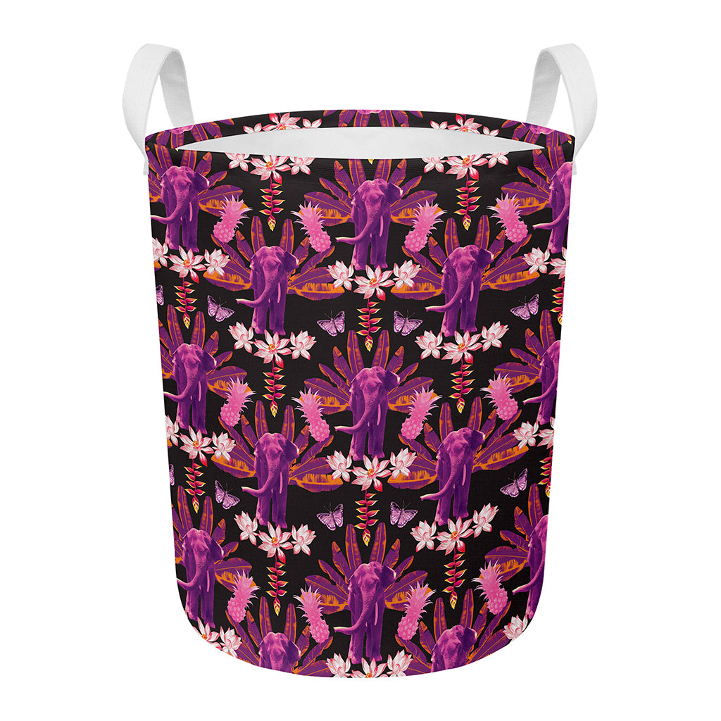 Purple Tropical Elephant Pattern Print Round Laundry Basket