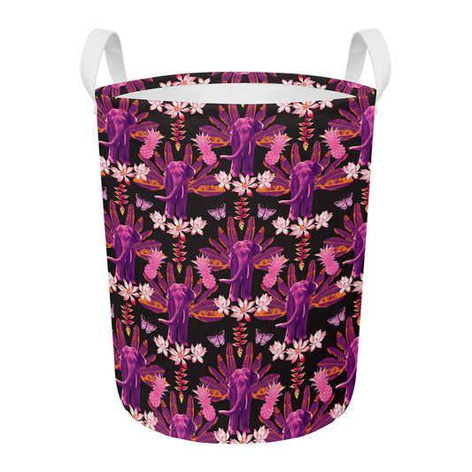 Purple Tropical Elephant Pattern Print Round Laundry Basket