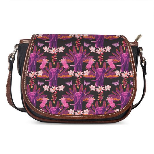 Purple Tropical Elephant Pattern Print Saddle Bag