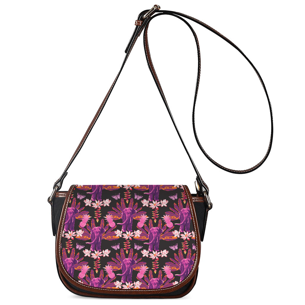 Purple Tropical Elephant Pattern Print Saddle Bag