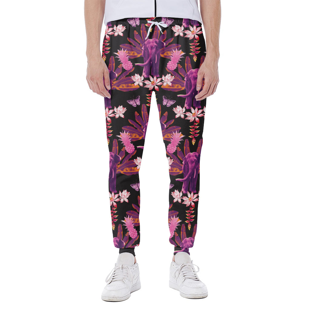 Purple Tropical Elephant Pattern Print Scuba Joggers