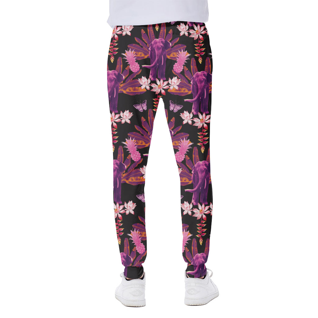 Purple Tropical Elephant Pattern Print Scuba Joggers