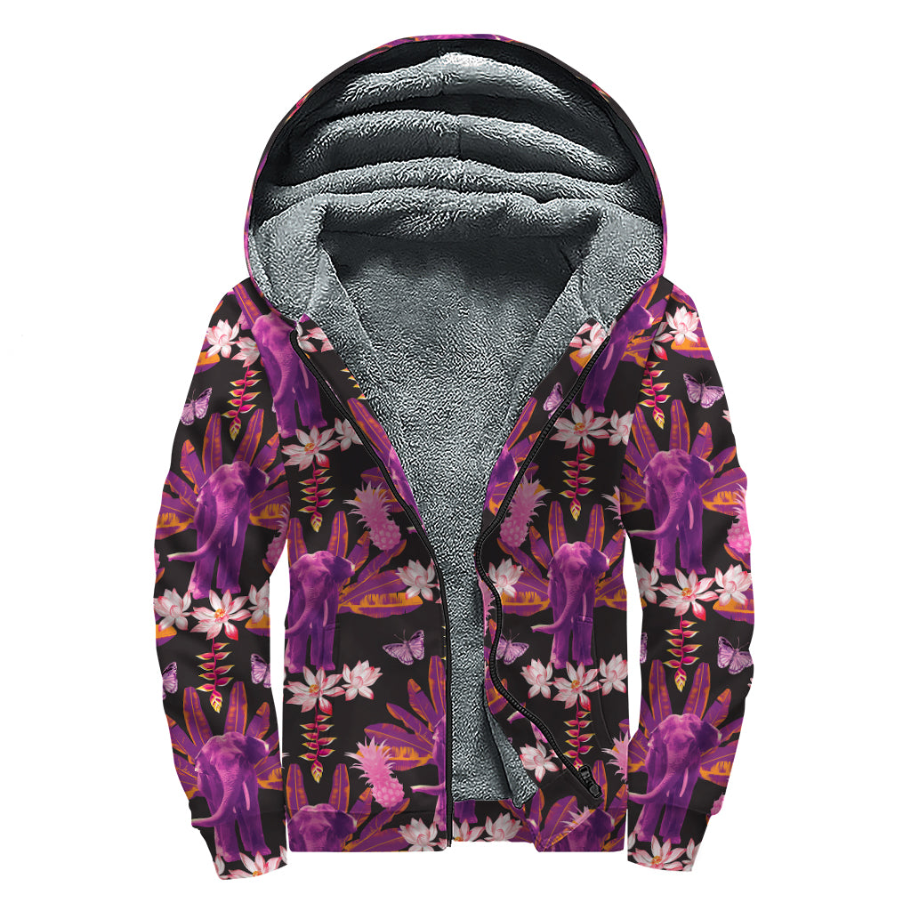 Purple Tropical Elephant Pattern Print Sherpa Lined Zip Up Hoodie