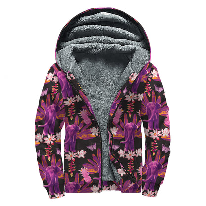 Purple Tropical Elephant Pattern Print Sherpa Lined Zip Up Hoodie