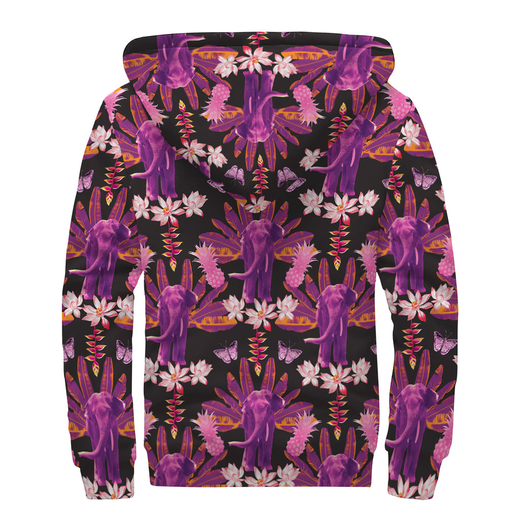 Purple Tropical Elephant Pattern Print Sherpa Lined Zip Up Hoodie