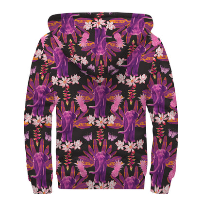Purple Tropical Elephant Pattern Print Sherpa Lined Zip Up Hoodie