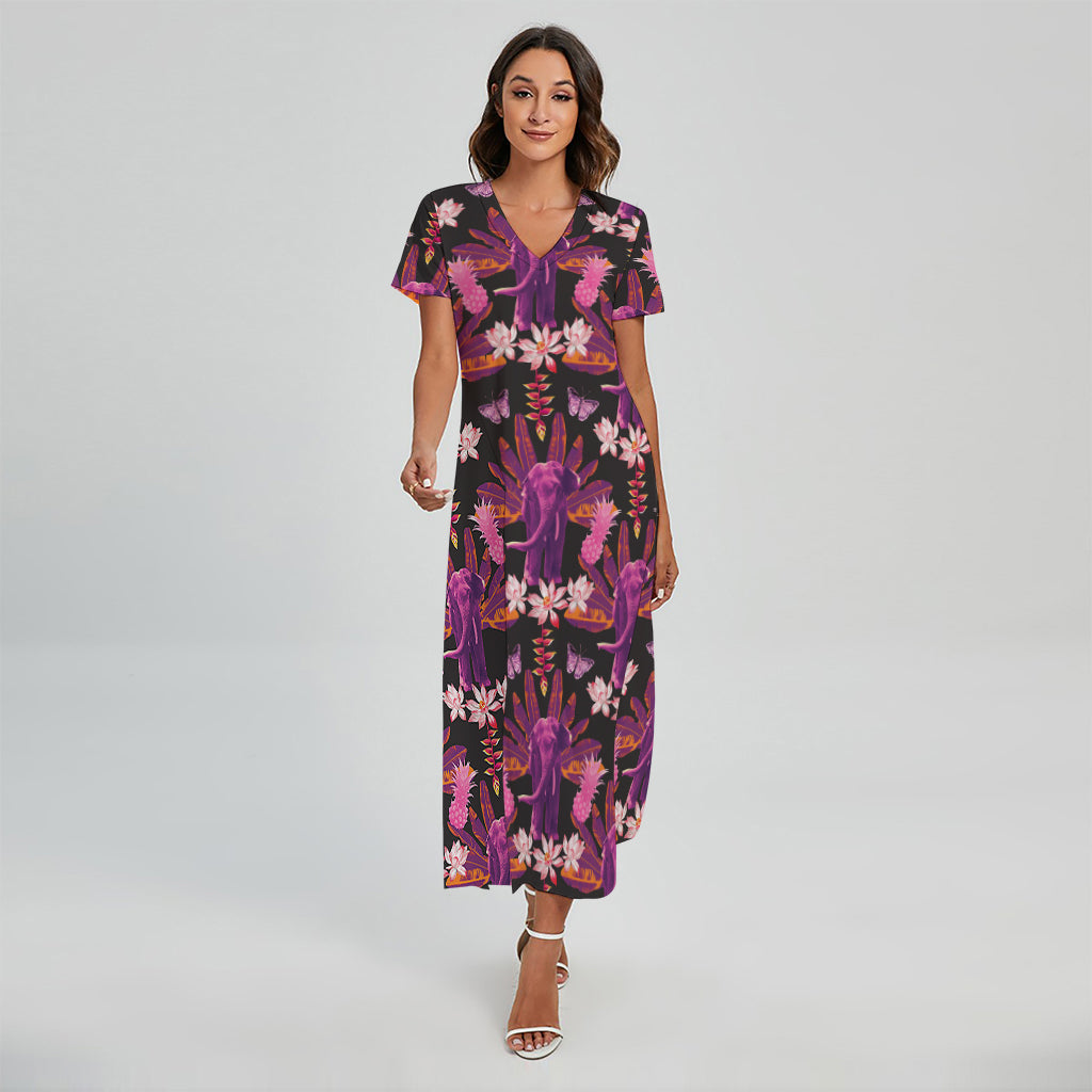 Purple Tropical Elephant Pattern Print Short Sleeve Maxi Dress