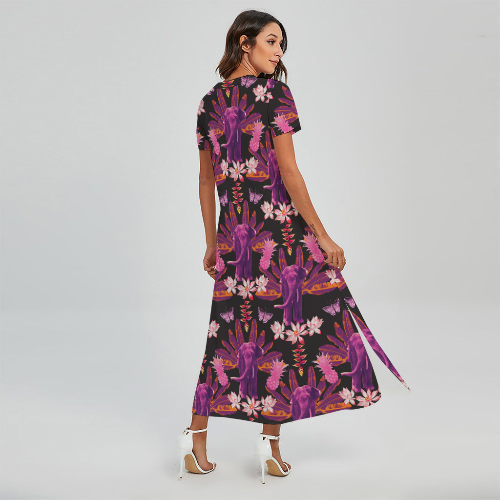 Purple Tropical Elephant Pattern Print Short Sleeve Maxi Dress