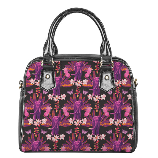 Purple Tropical Elephant Pattern Print Shoulder Handbag