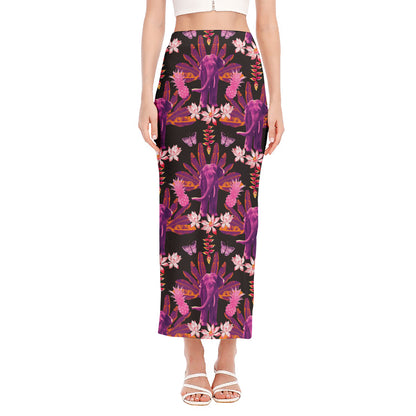 Purple Tropical Elephant Pattern Print Side Slit Maxi Skirt