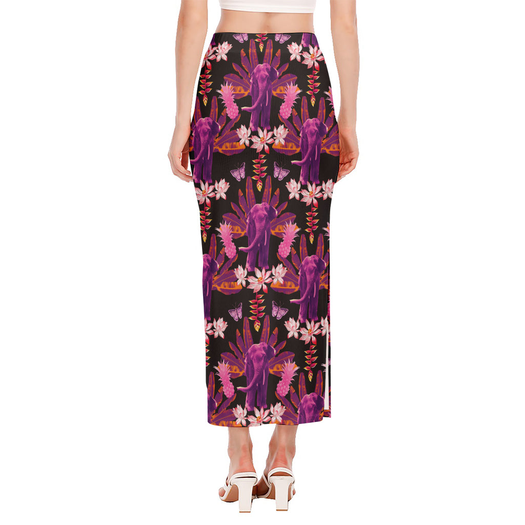 Purple Tropical Elephant Pattern Print Side Slit Maxi Skirt