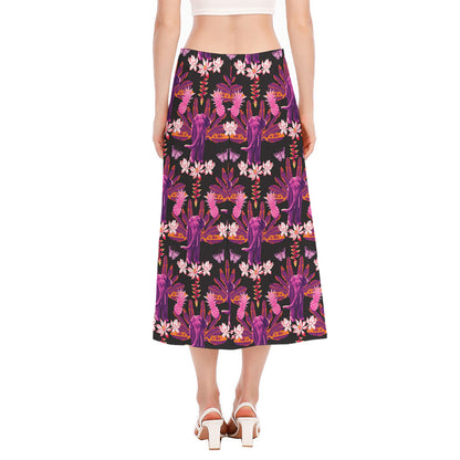 Purple Tropical Elephant Pattern Print Side Slit Midi Skirt