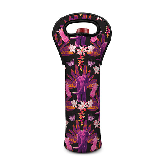 Purple Tropical Elephant Pattern Print Single Neoprene Wine Tote